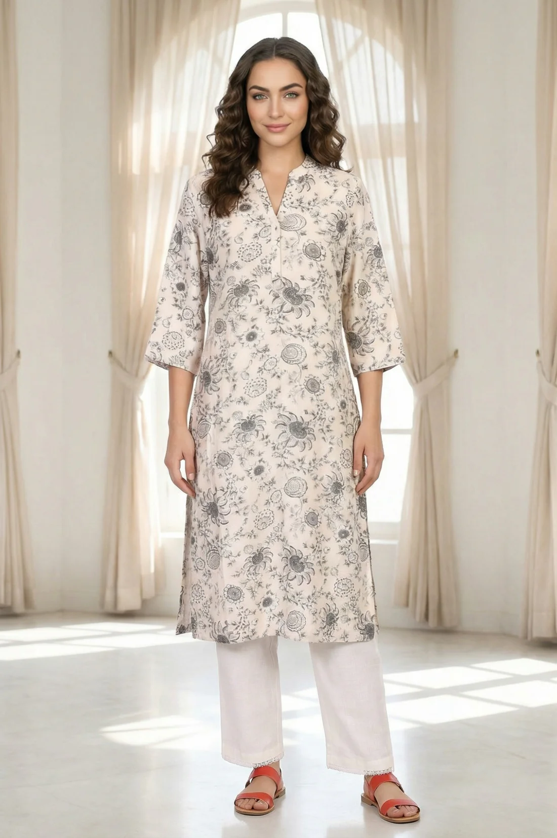 Off White Floral Printed Straight Kurta
